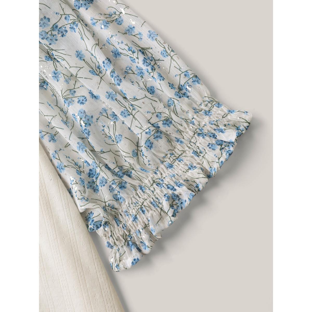 Plus Size Floral Puff Sleeve Textured T-Shirt Beige Women Timeless Texture U-neck Elegant T-shirts BloomChic 28/5X Product Image