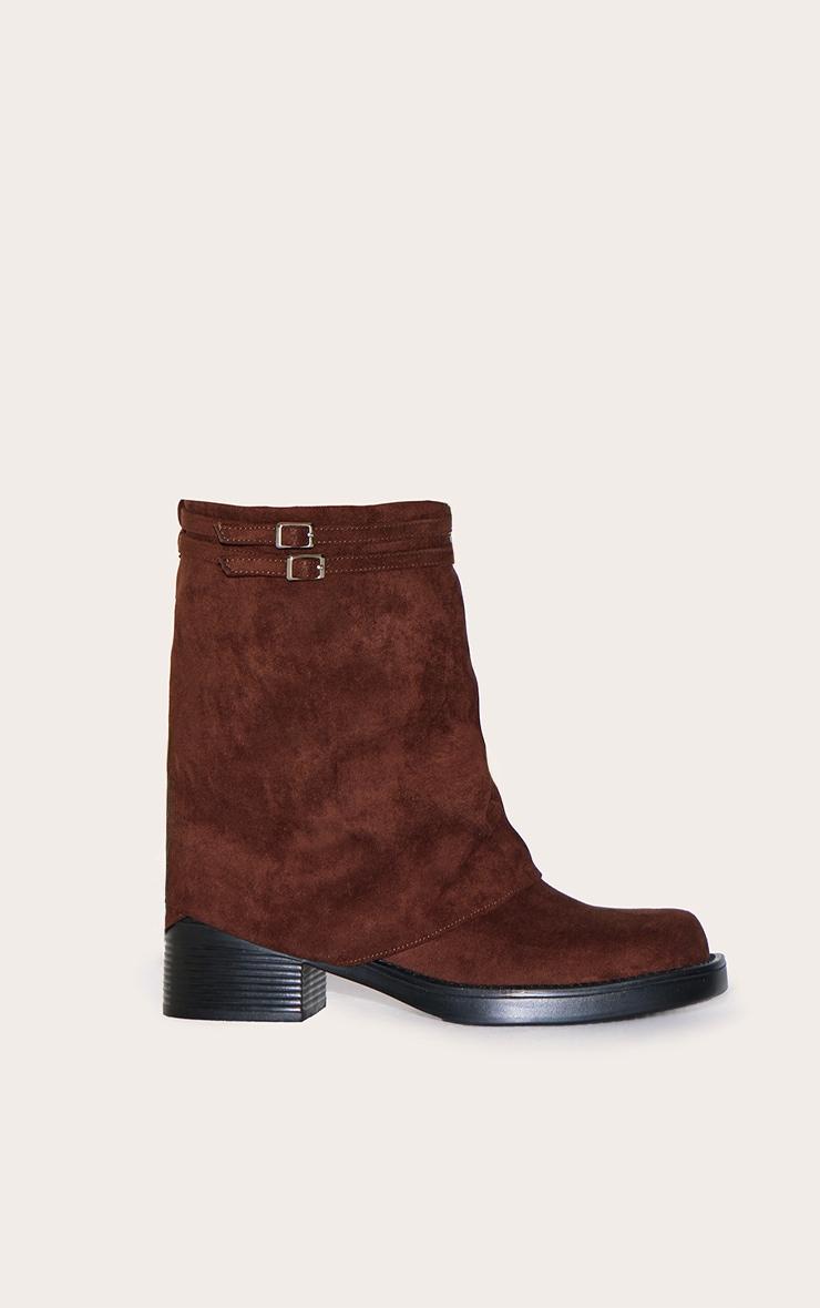 Chocolate Faux Suede Round Toe Fold Over Buckle Strap Ankle Boots Product Image