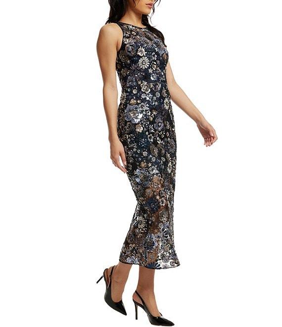 Dress the Population Helena Sequin Floral Round Neck Sleeveless Bodycon Midi Dress Product Image