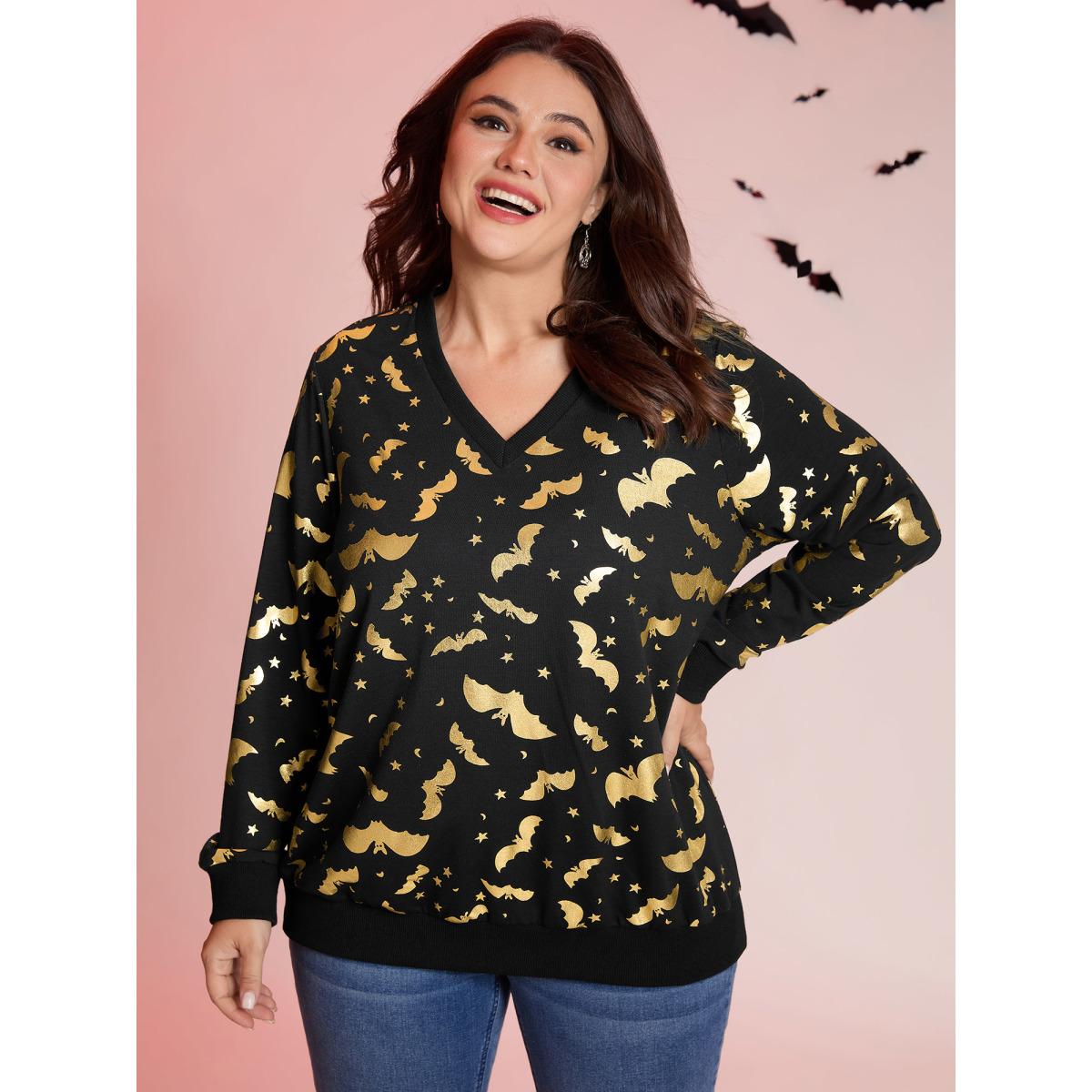 Plus Size Gold Bat Print Stretchy V-Neck Sweatshirt Women Black Leisure Non V-neck Casual Sweatshirts BloomChic 14-16/1X Product Image