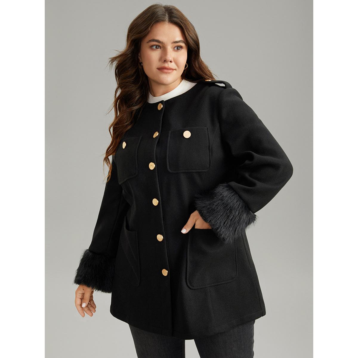 Plus Size Solid Fuzzy Sleeve Pocket Metal Detail Coat Women Black Casual Plain Ladies Dailywear Winter Coats BloomChic 26/4X Product Image