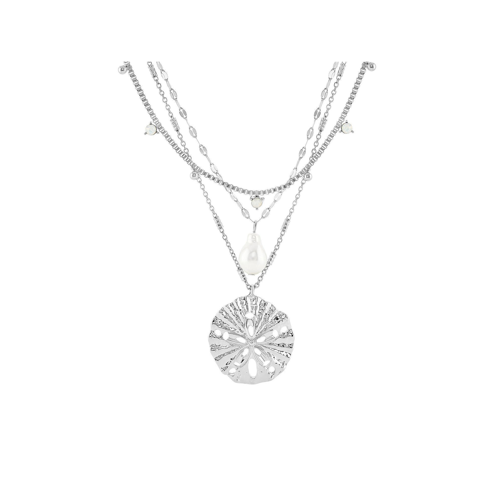 Emberly Silver Tone 3-Piece Glass Stone, Simulated Pearl Butterfly Charm & Cable Chain Sand Dollar Charm Necklace Set, Women's, White Product Image