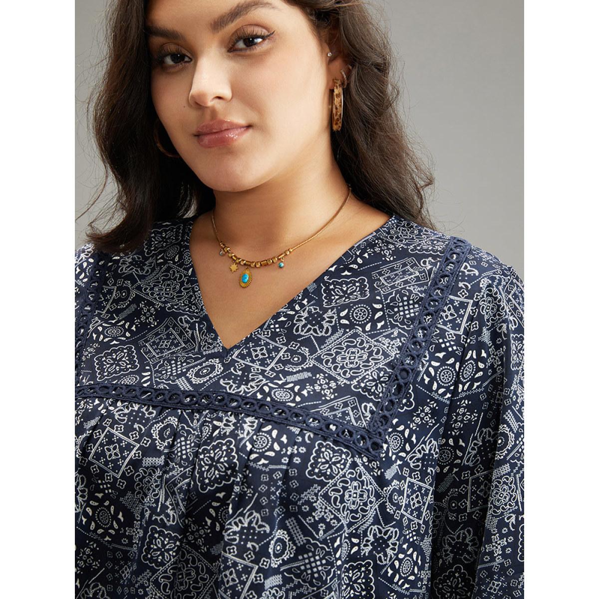 Plus Size Indigo Bandana Lace Insert Lantern Sleeve Blouse Women Resort Long Sleeve V-neck Vacation Blouses BloomChic 10/M Product Image