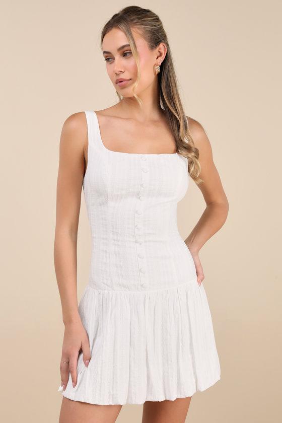 Khamari White Textured Drop Waist Bubble-Hem Mini Dress Product Image
