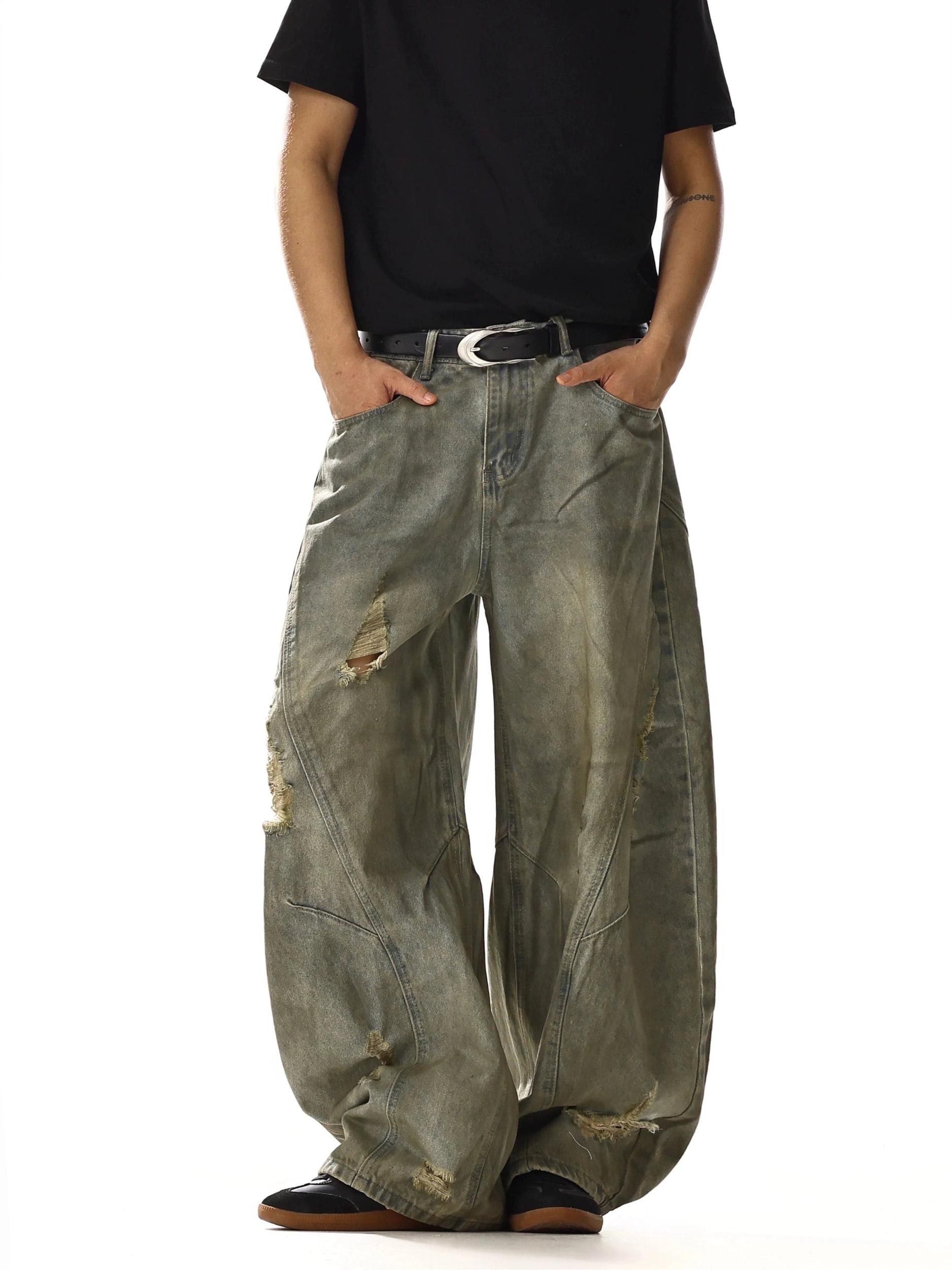 RT No. 18231 GRAY DISTRESSED DENIM PANTS Product Image