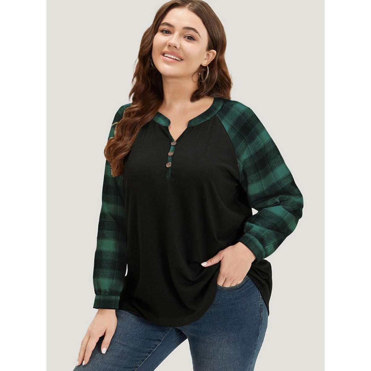 Plus Size Plaid Patchwork Notched Button Detail Sweatshirt Women Green Casual Patchwork Notched collar Everyday Sweatshirts BloomChic 12/L Product Image