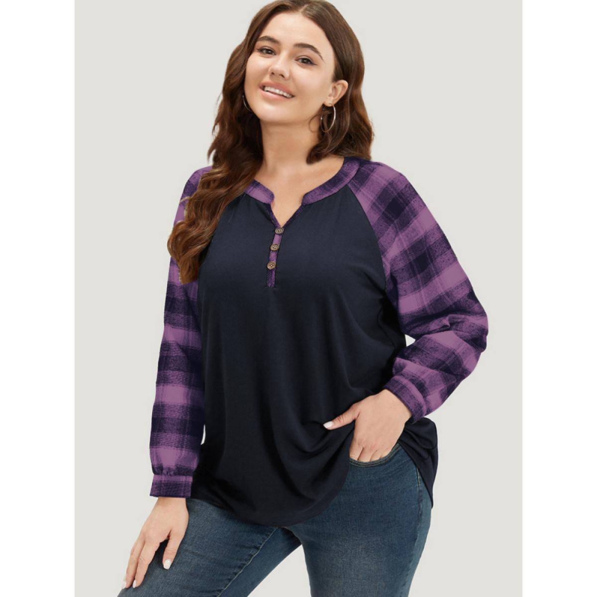 Plus Size Plaid Patchwork Notched Button Detail Sweatshirt Women Purple Casual Patchwork Notched collar Everyday Sweatshirts BloomChic 18-20/2X Product Image
