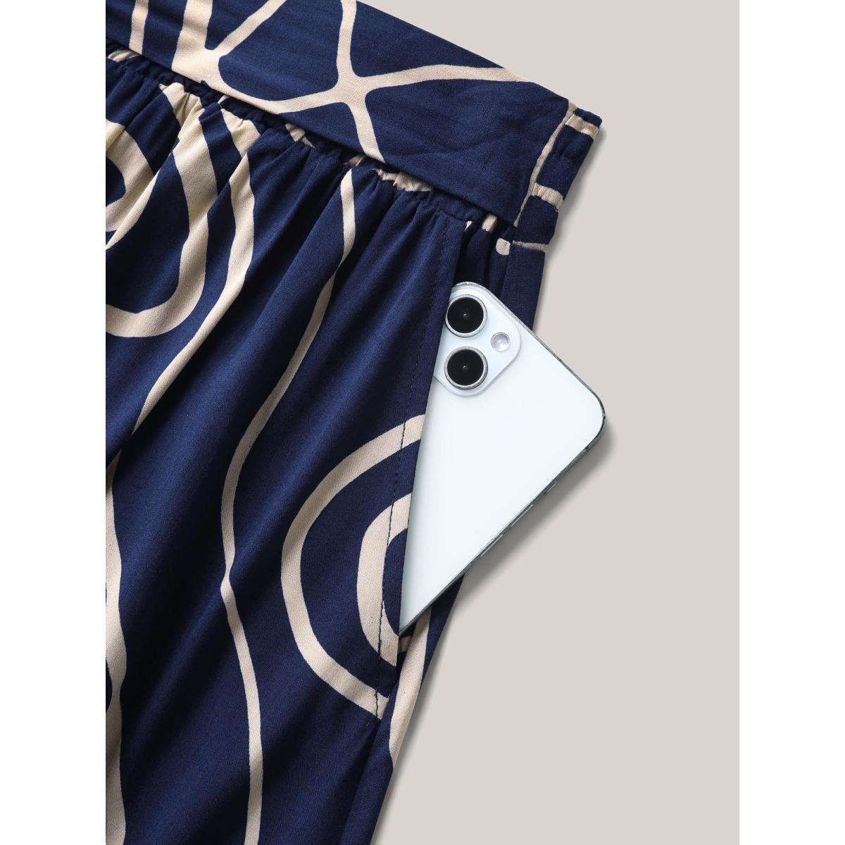 Plus Size Abstract Print Waist-Tie Midi Skirt Women DarkBlue At the Office Low stretch Slanted pocket Work Skirts BloomChic 12/L Product Image