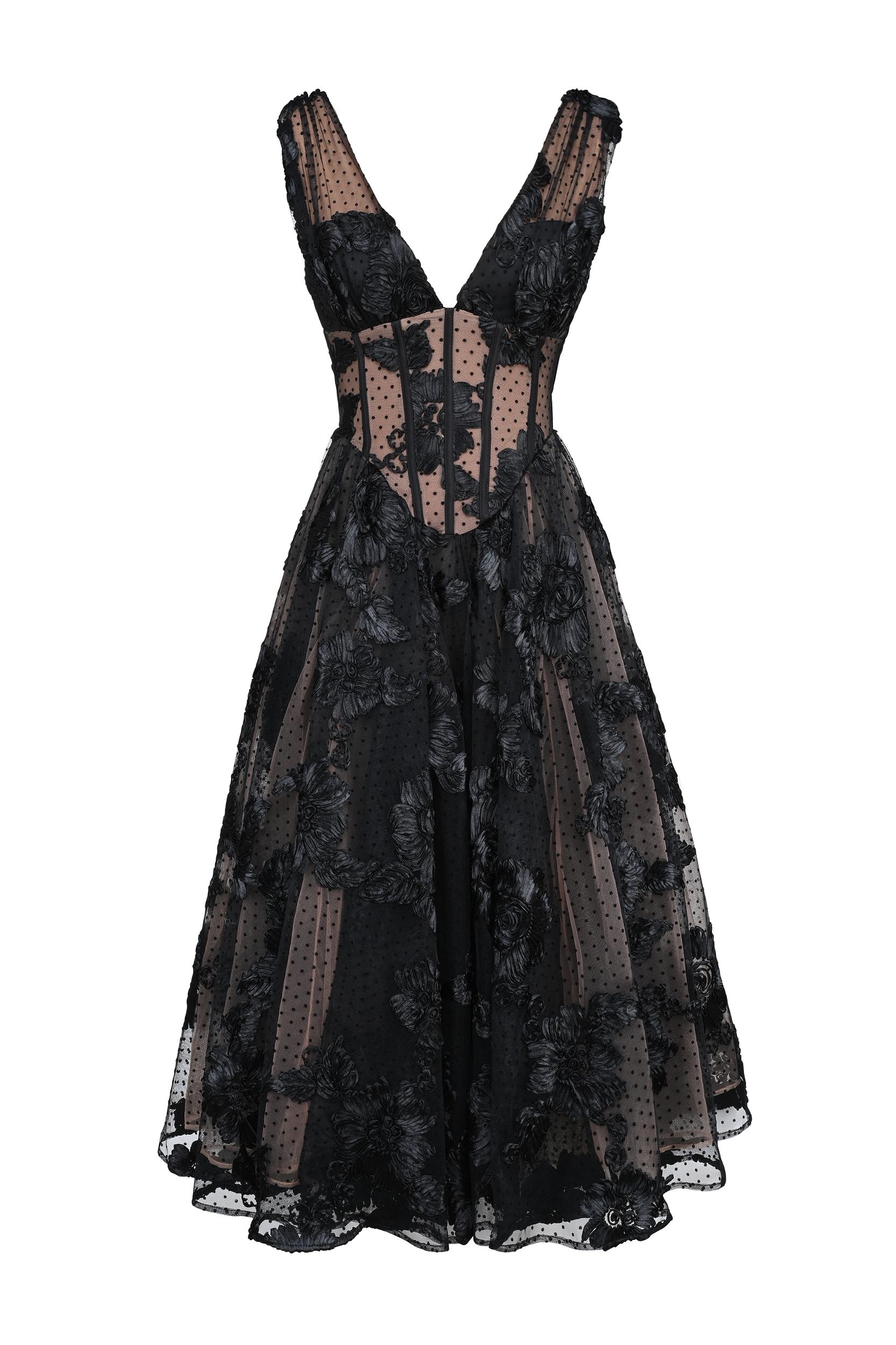 Sianna  black embroidered tulle corset midi dress - sale Product Image