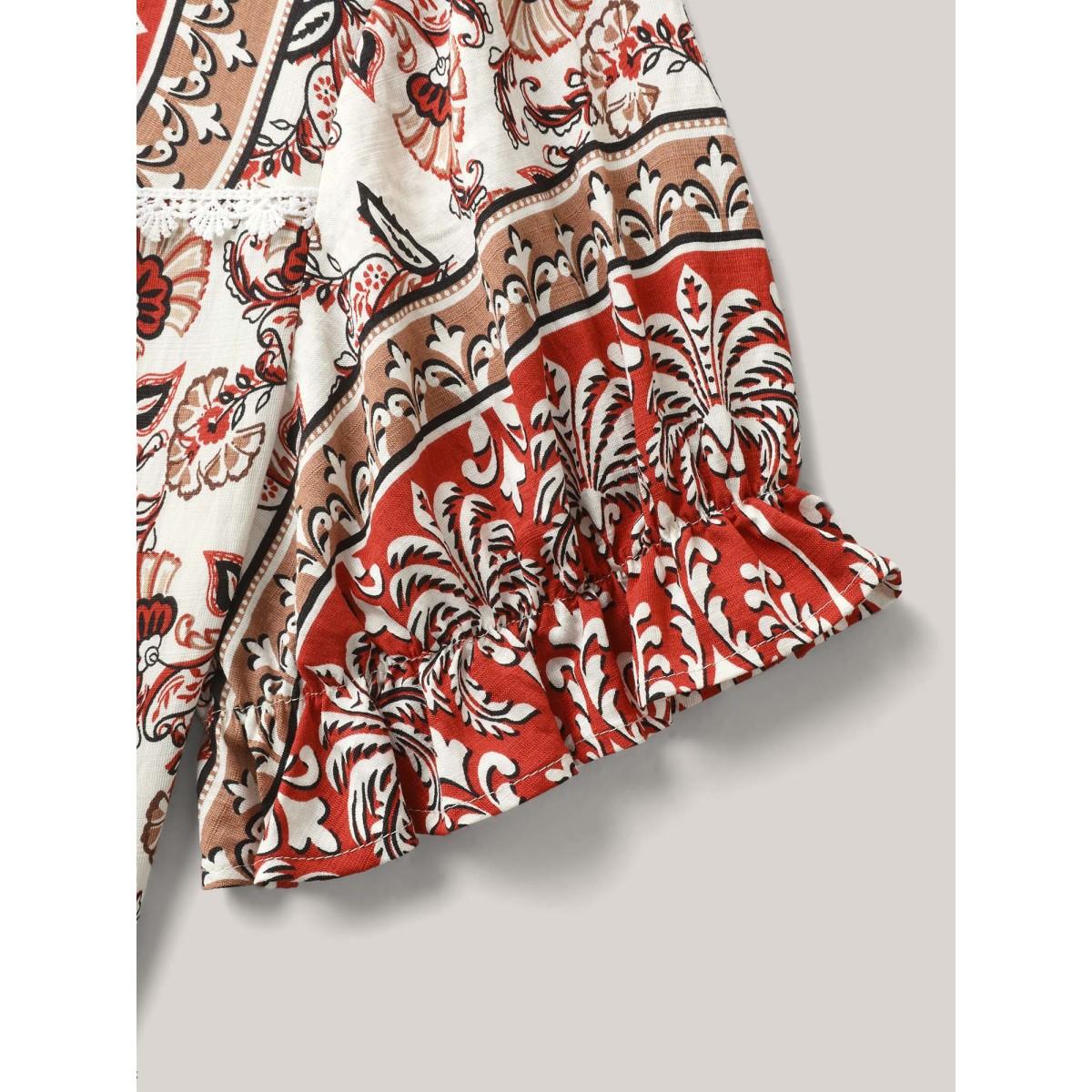 Plus Size Crimson Boho Floral Print Neck Tassels Blouse Women Boho Short sleeve Flat collar with V-notch Vacation Blouses BloomChic 28/5X Product Image