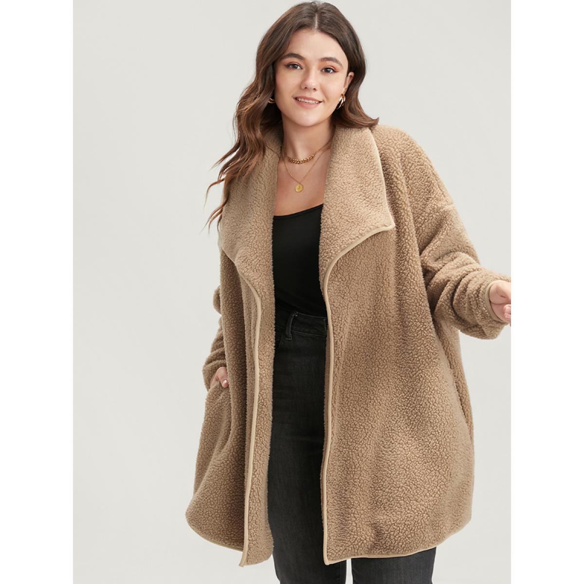 Plus Size Solid Pocket Open Front Teddy Coat Women LightBrown Casual Plain Loose Ladies Dailywear Winter Coats BloomChic 14-16/1X Product Image
