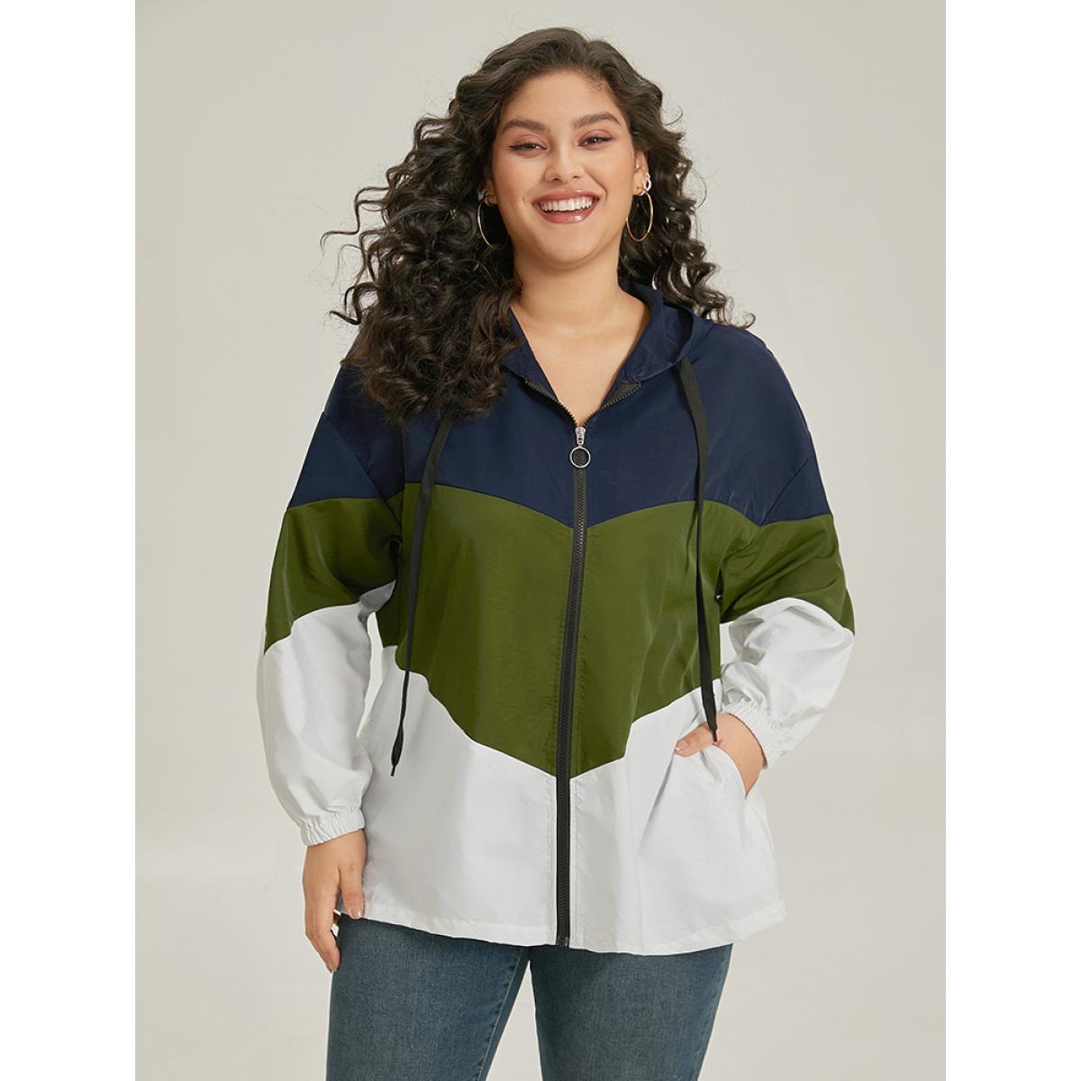 Plus Size Colorblock Contrast Drawstring Hooded Zipper Jacket Women ArmyGreen Elastic cuffs Pocket Dailywear Jackets BloomChic 18-20/2X Product Image