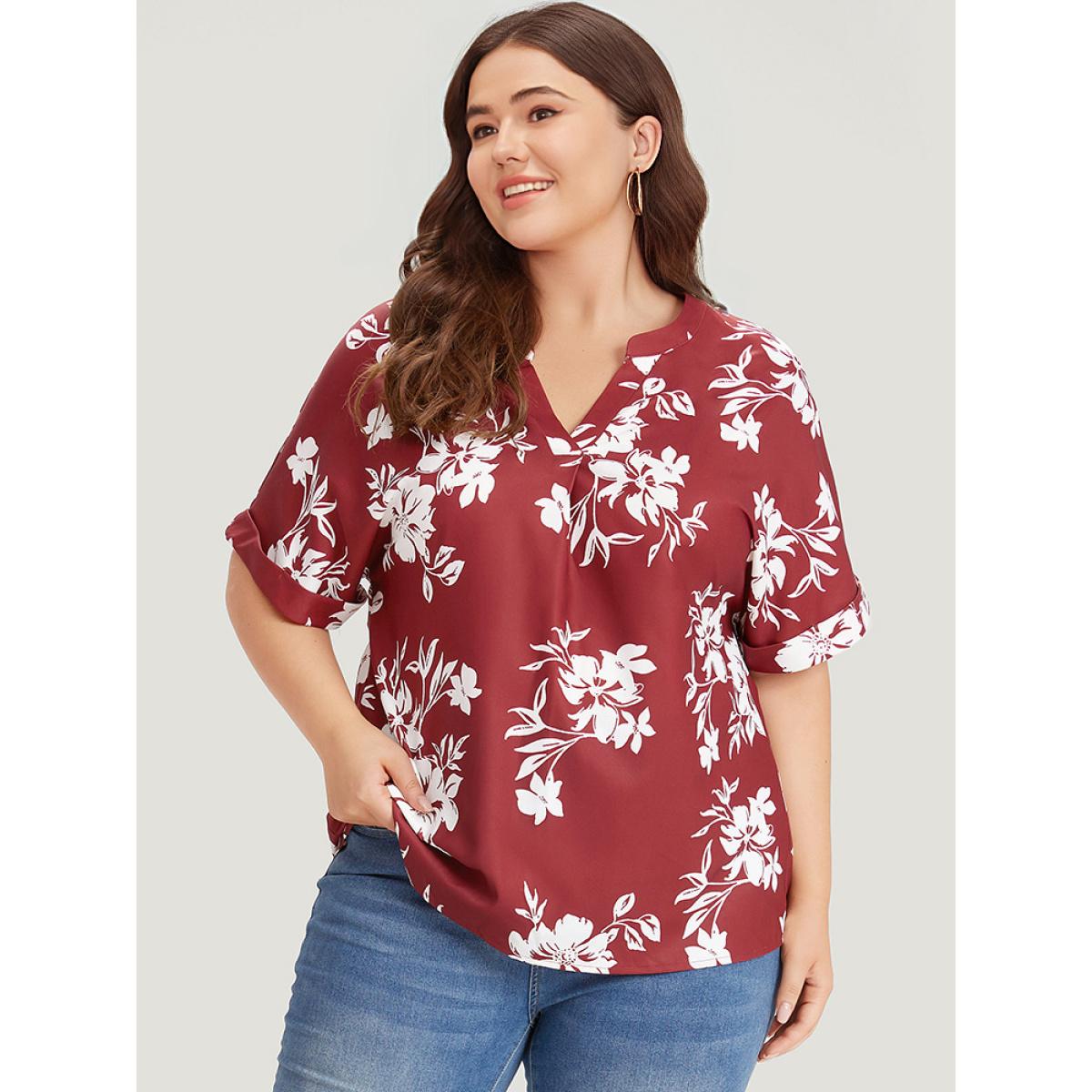 Plus Size Multicolor Silhouette Floral Print Notched Roll Sleeve Blouse Women Elegant Short sleeve V-neck Dailywear Blouses BloomChic 26/4X Product Image