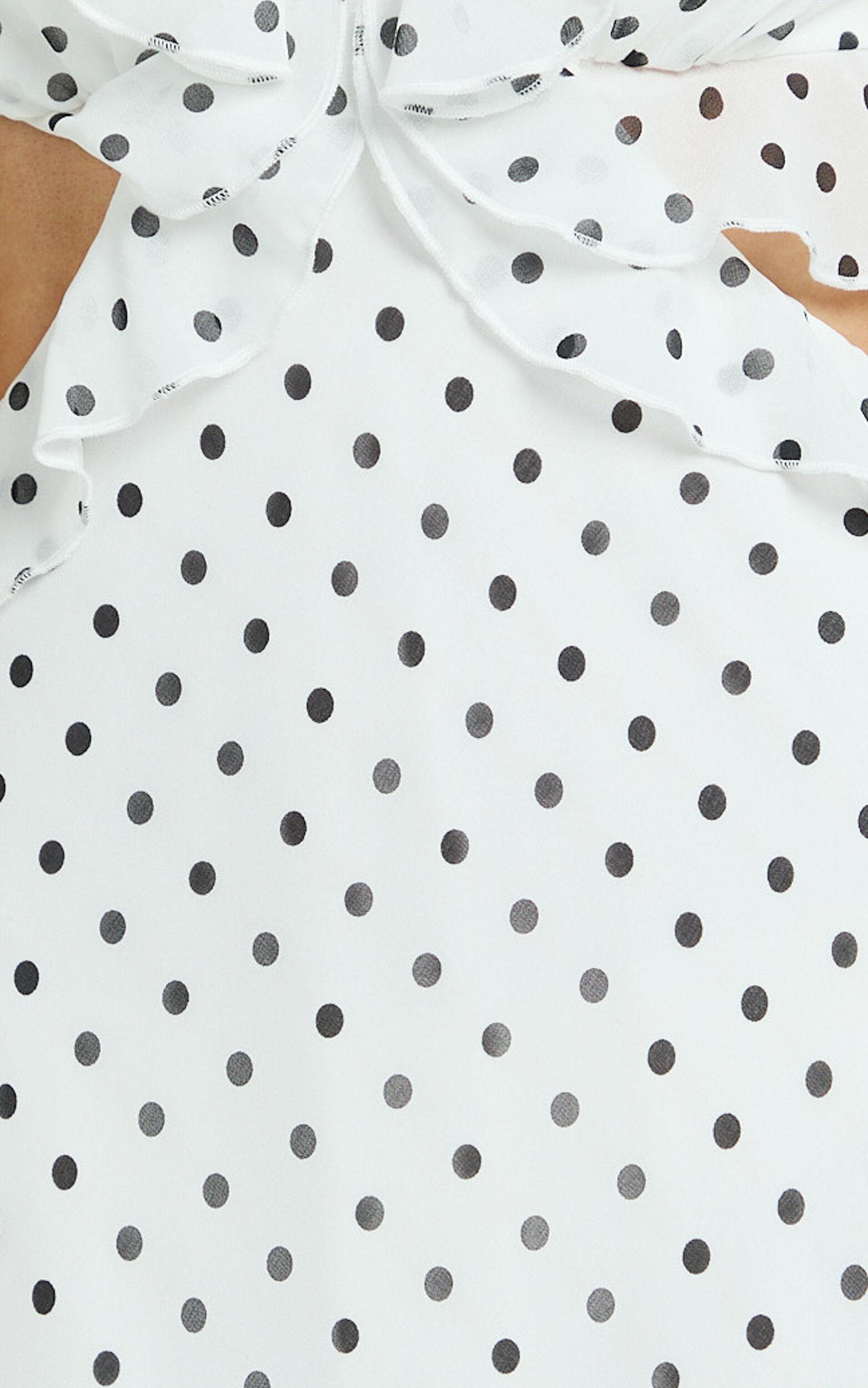 Dahlia Midi Dress - Ruffle Details Slip Dress in White Based Polkadot Product Image
