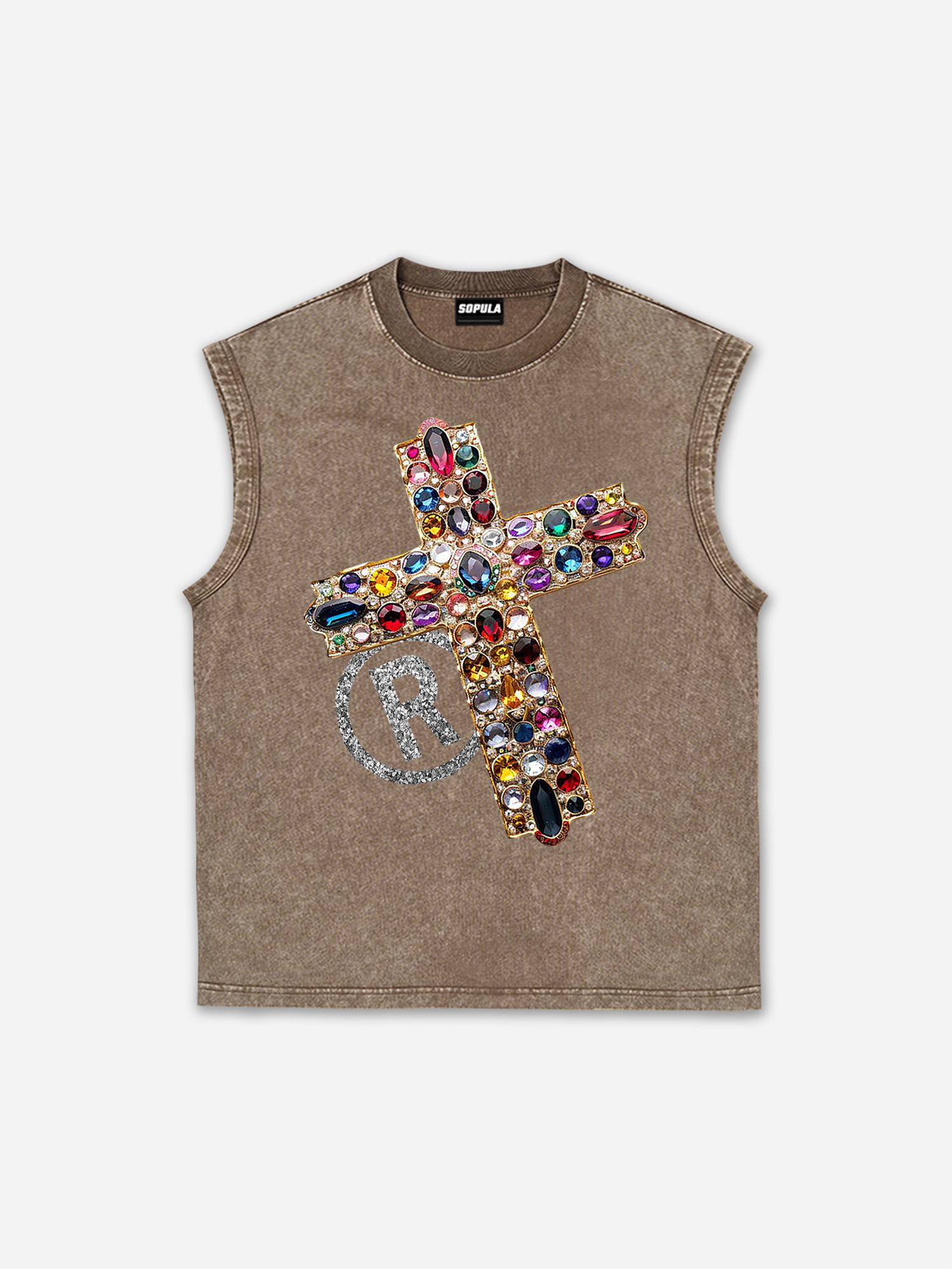 Sopula Men's Diamond Cross Graphic Acid Washed Sleeveless Tank Top Product Image