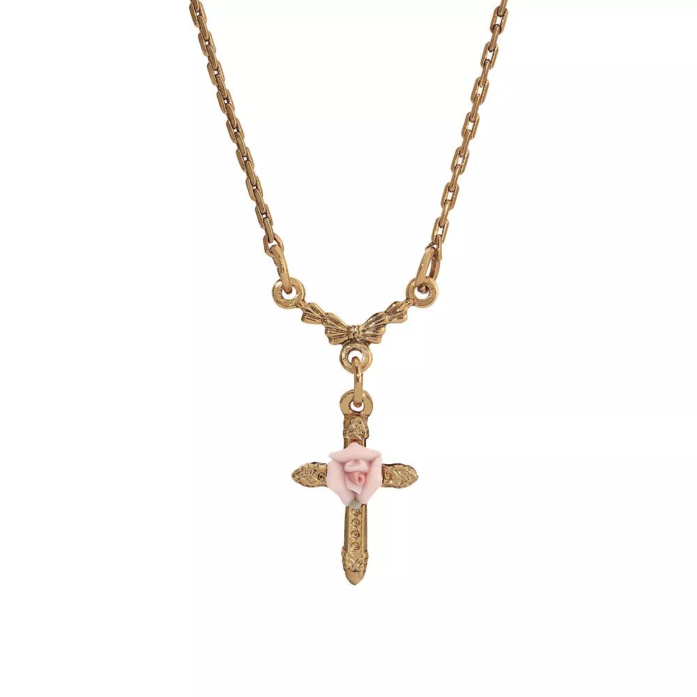 1928 Gold Tone Rose Cross Necklace, Womens, Pink Product Image