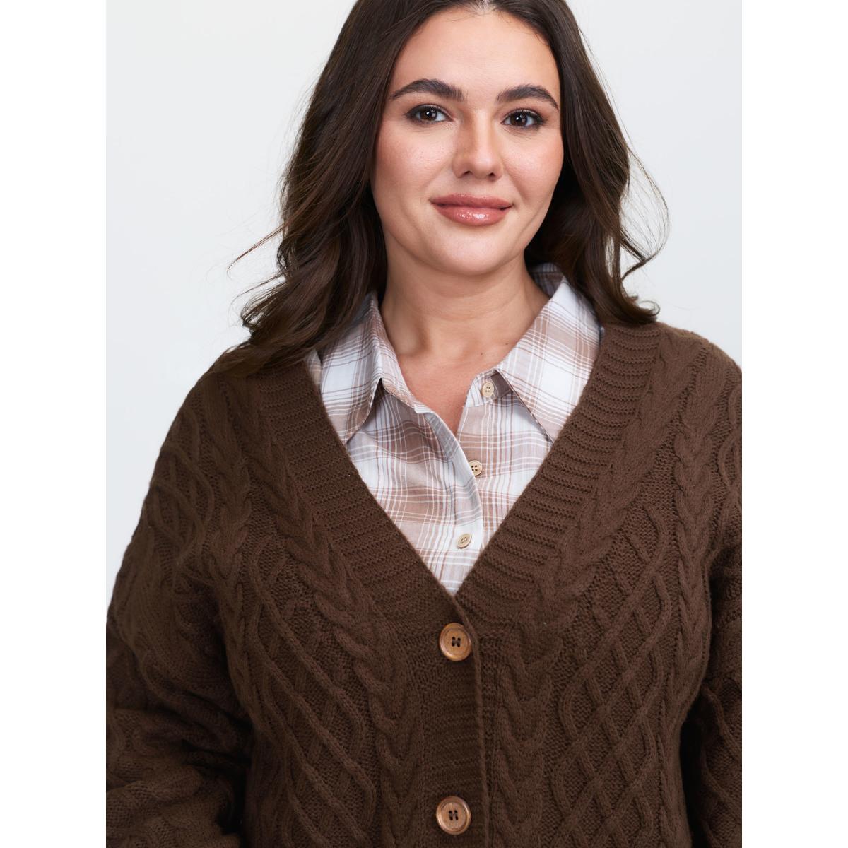 Plus Size Cableknit Textured Button Pocket Knit Cardigan Browncoffeecolor Women Leisure Loose Long Sleeve Casual Cardigans BloomChic 18-20/2X Product Image