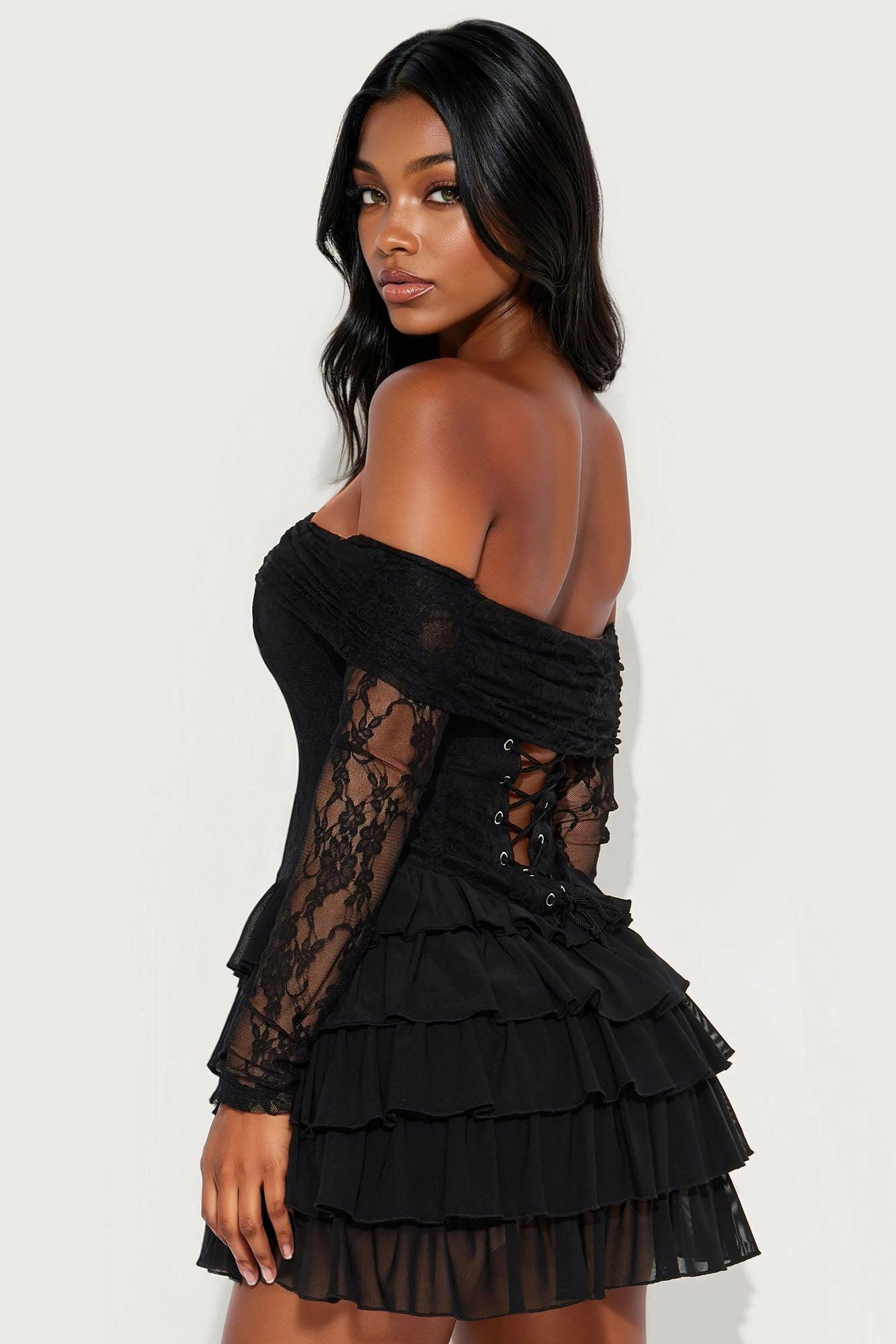 Elsie Ruffle Lace Mini Dress - Black Female Product Image