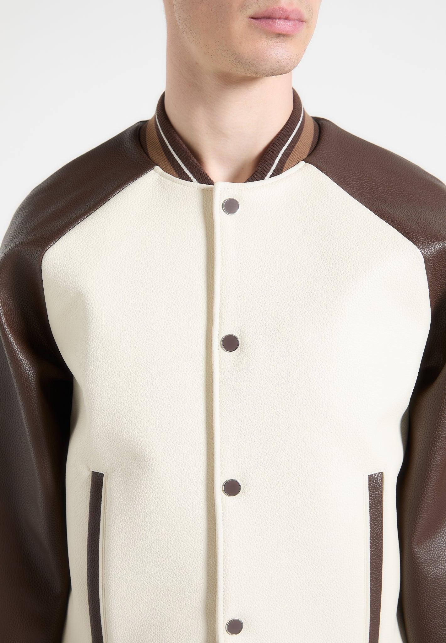 Guy - Contrast Leather Bomber Jacket - Cream/Brown Male Product Image