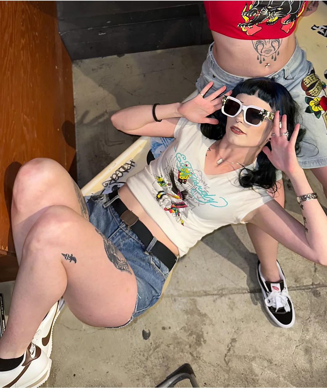 Ed Hardy Phoenix Ivory Cap Sleeve Crop T-Shirt Product Image