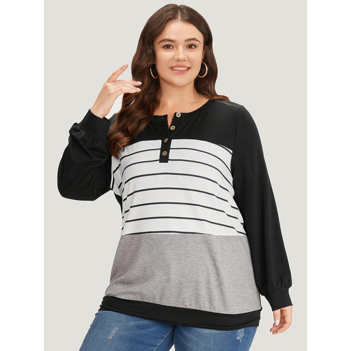 Plus Size Striped Contrast Button Up Elastic cuffs Sweatshirt Women Multicolor Casual Elastic cuffs Open Front Dailywear Sweatshirts BloomChic 28/5X Product Image