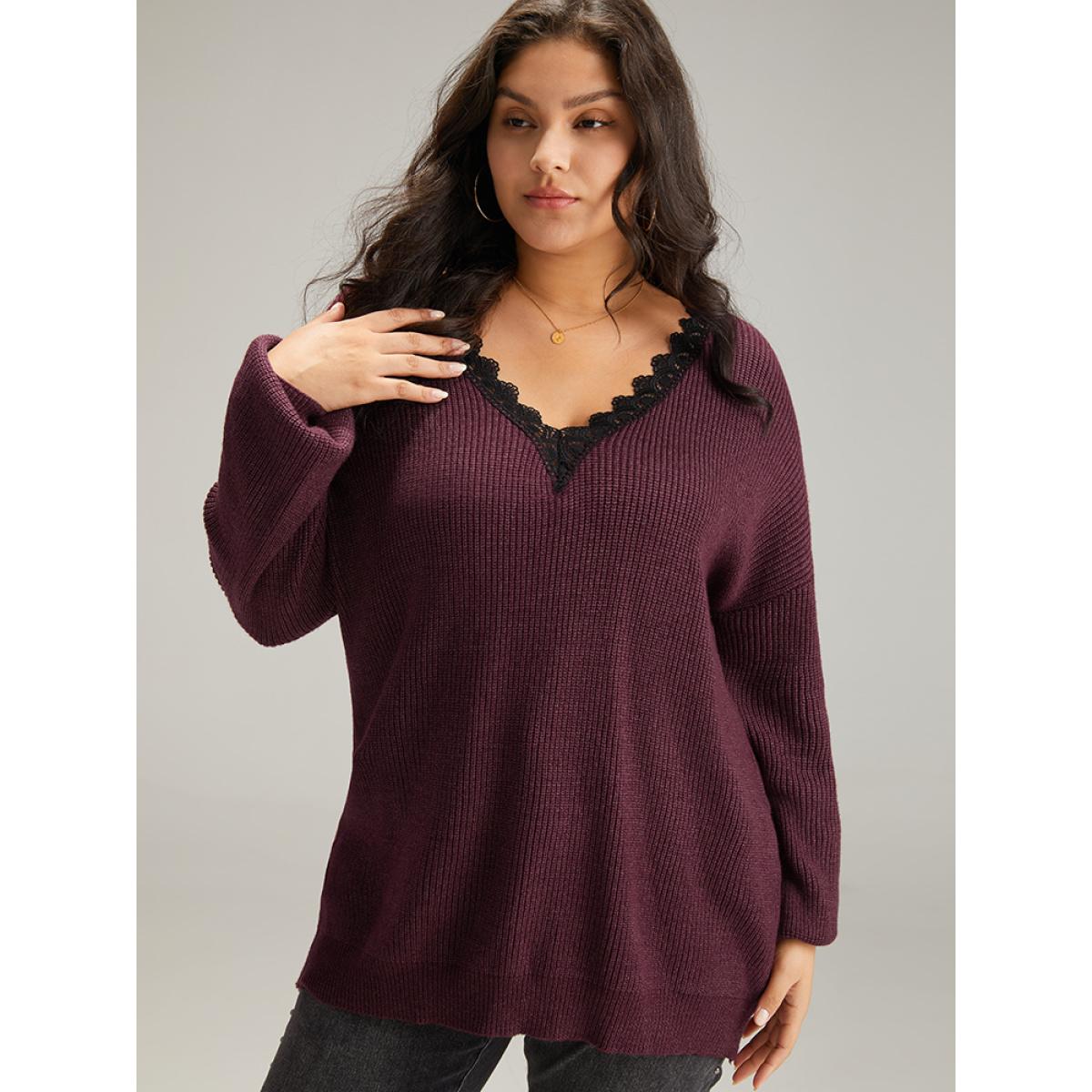 Plus Size Supersoft Essentials Lace Insert Drop Shoulder Pullover Burgundy Women Casual Loose Long Sleeve V-neck Dailywear Pullovers BloomChic 18-20/2X Product Image