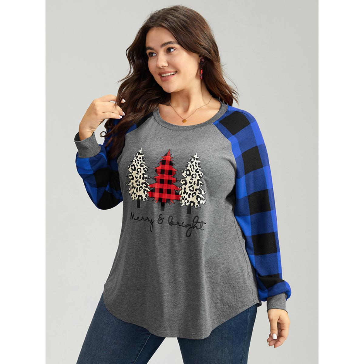 Plus Size Plaid Christmas Trees Round Neck T-shirt Blue Women Casual Contrast Christmas Festival-Christmas T-shirts BloomChic 28/5X Product Image