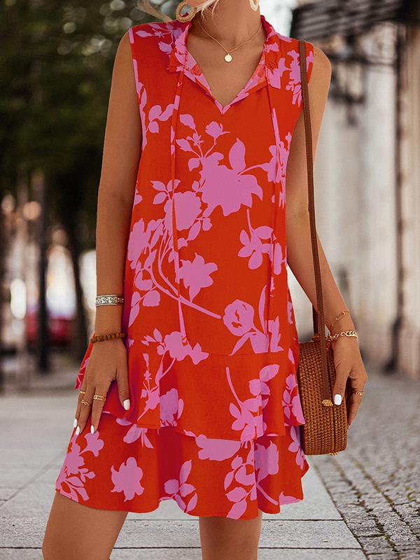 A-Line High Waisted Falbala Printed Split-Joint Tied Tiered V-Neck Mini Dresses Product Image