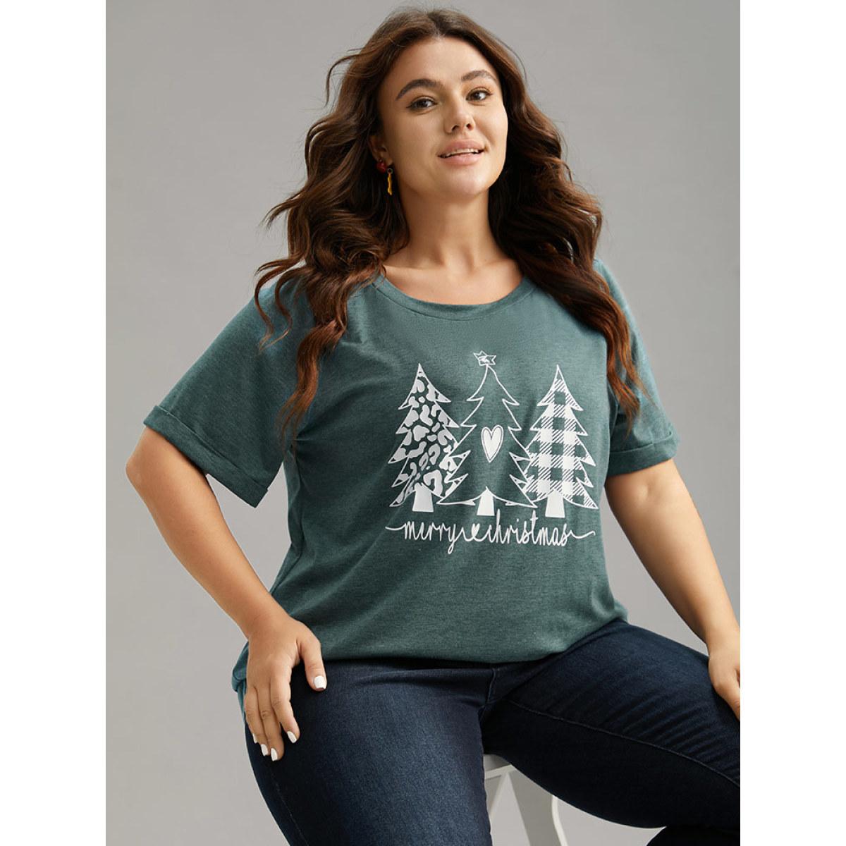 Plus Size Christmas Trees Print Cuffed Sleeve T-shirt DarkGreen Women Casual Printed Christmas Festival-Christmas T-shirts BloomChic 10/M Product Image