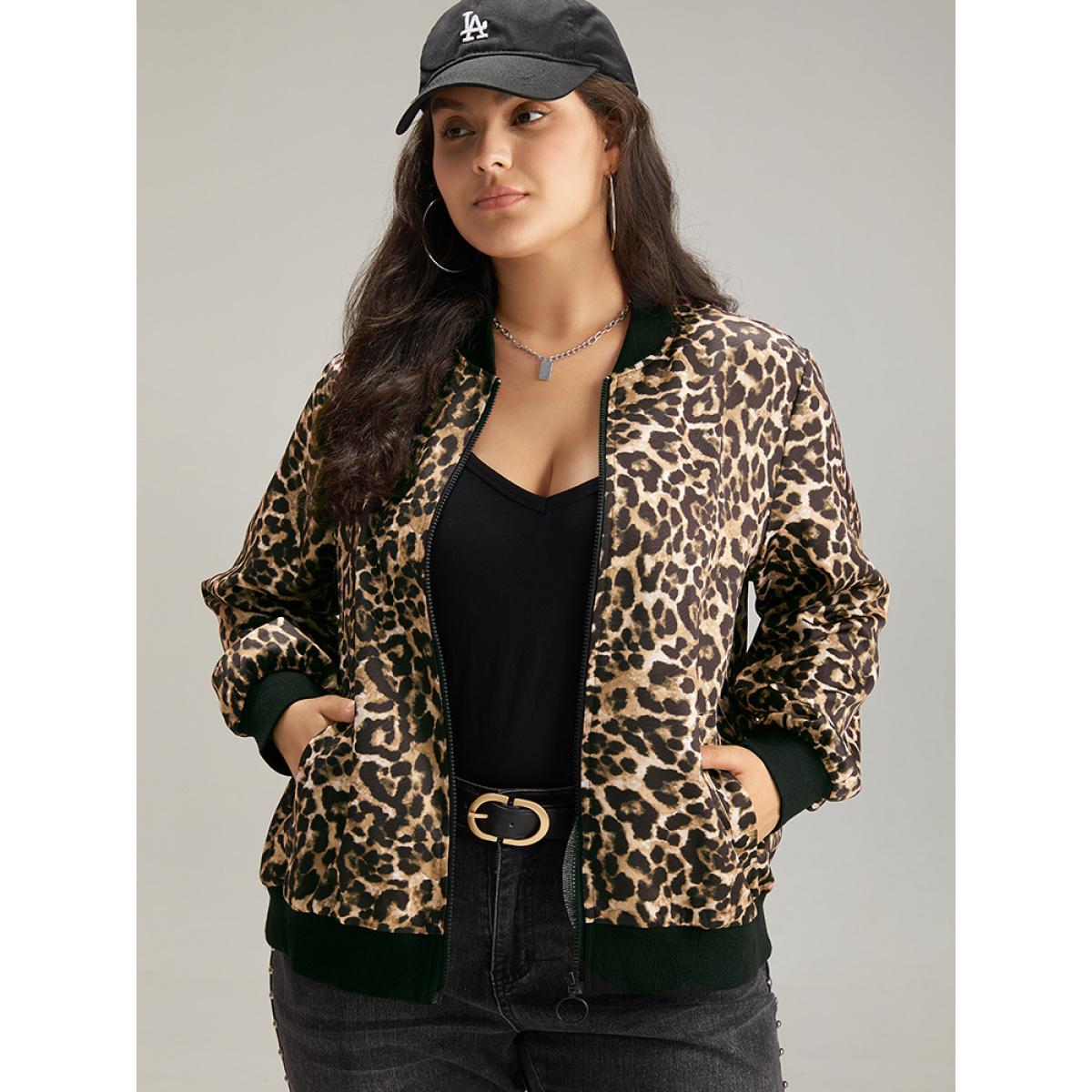 Plus Size Leopard Patchwork Zipper Pocket Jacket Women Leopard Elastic cuffs Pocket Dailywear Jackets BloomChic 12/L Product Image