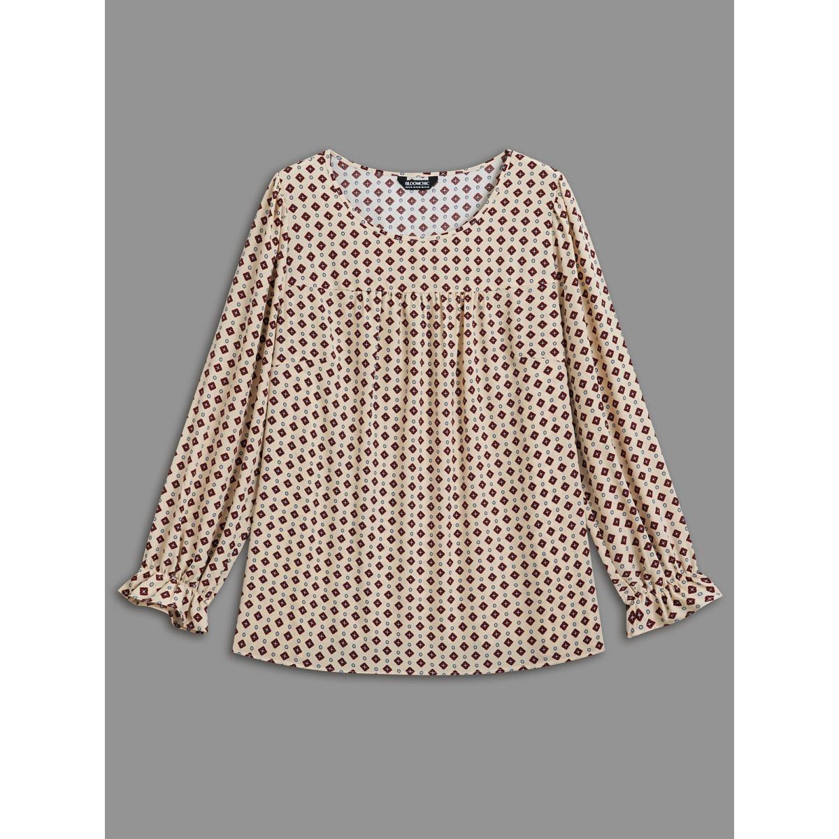 Plus Size Apricot Round Neck Geometric Print Pleated Blouse Women At the Office Long Sleeve Round Neck Office Blouses BloomChic 12/L Product Image