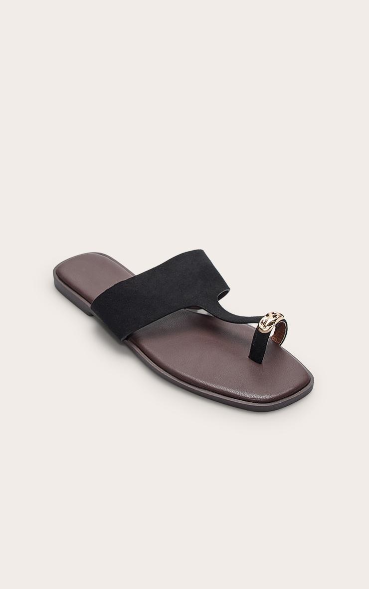 Black Faux Suede Toe Thong Gold Hardware Sandal Product Image