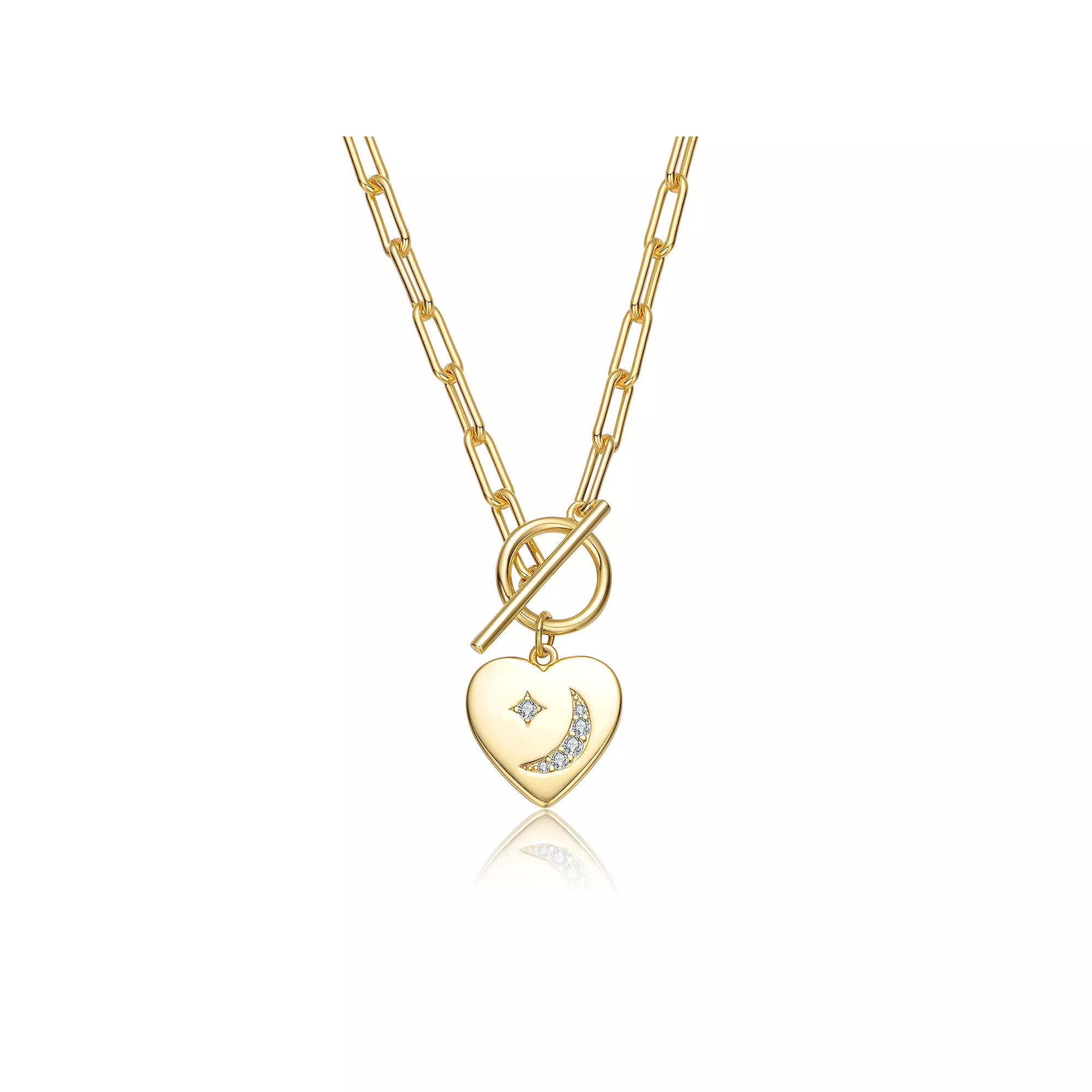 14k Gold Plated Cubic Zirconia Heart & Moon Charm Necklace, Womens Gold Tone Product Image