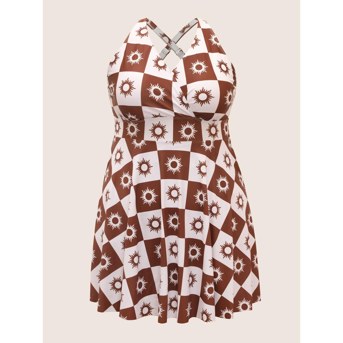 Plus Size Overlap Collar Sun Print Pocket Swim Dress Women's Swimwear DarkBrown Beach Bodycon Overlap Collar High stretch Curve Swim Dresses BloomChic 10/M Product Image