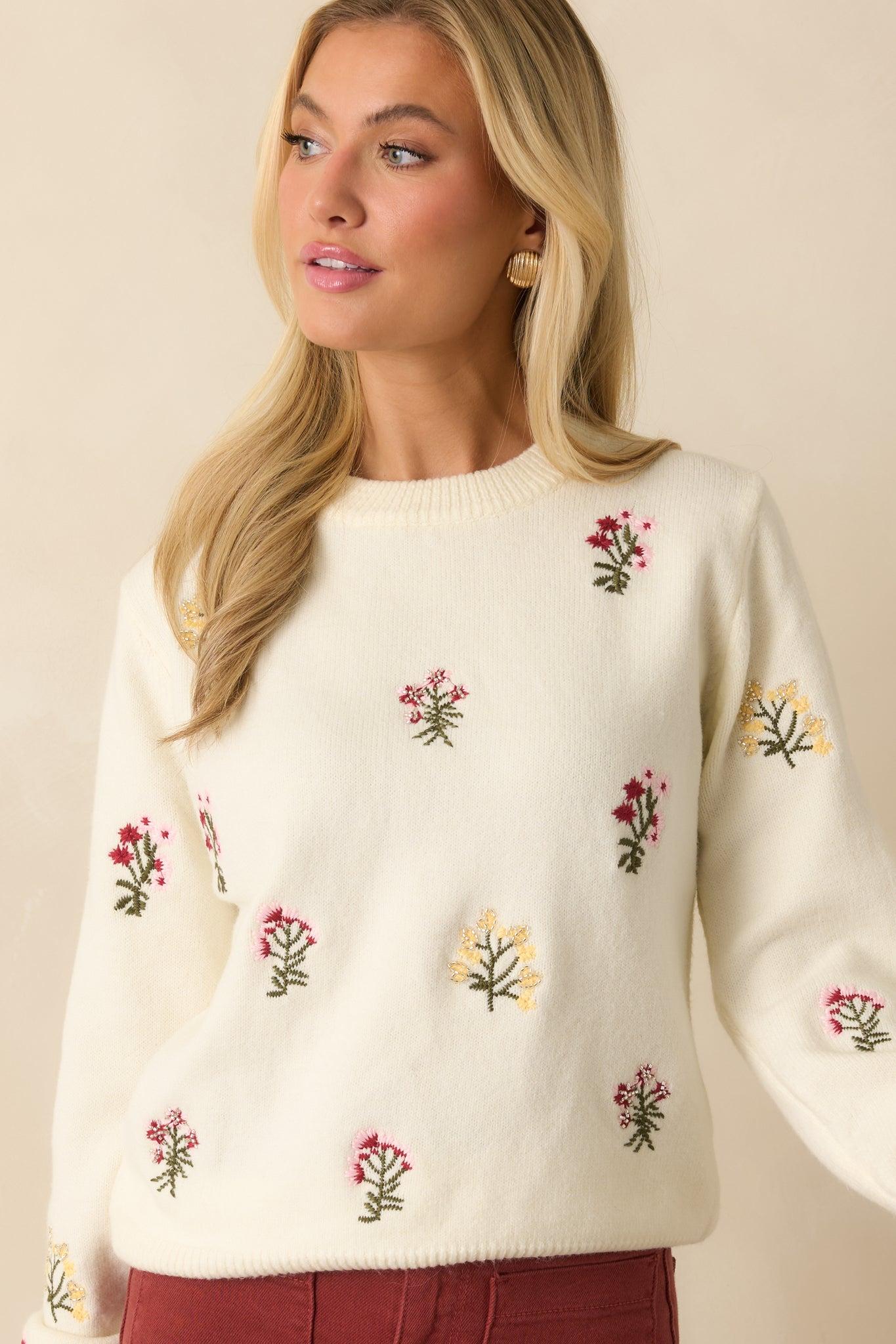 Stay True To Yourself Ivory Multi Floral Embroidered Knit Sweater L / Ivory Product Image