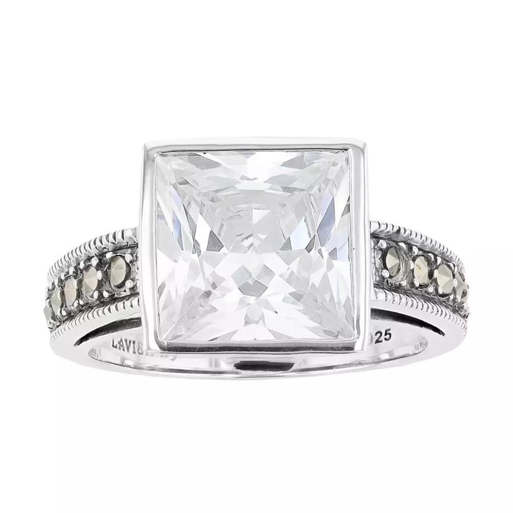 Lavish by TJM Sterling Silver Square White Cubic Zirconia & Marcasite Ring, Women's, Size: 9 Product Image