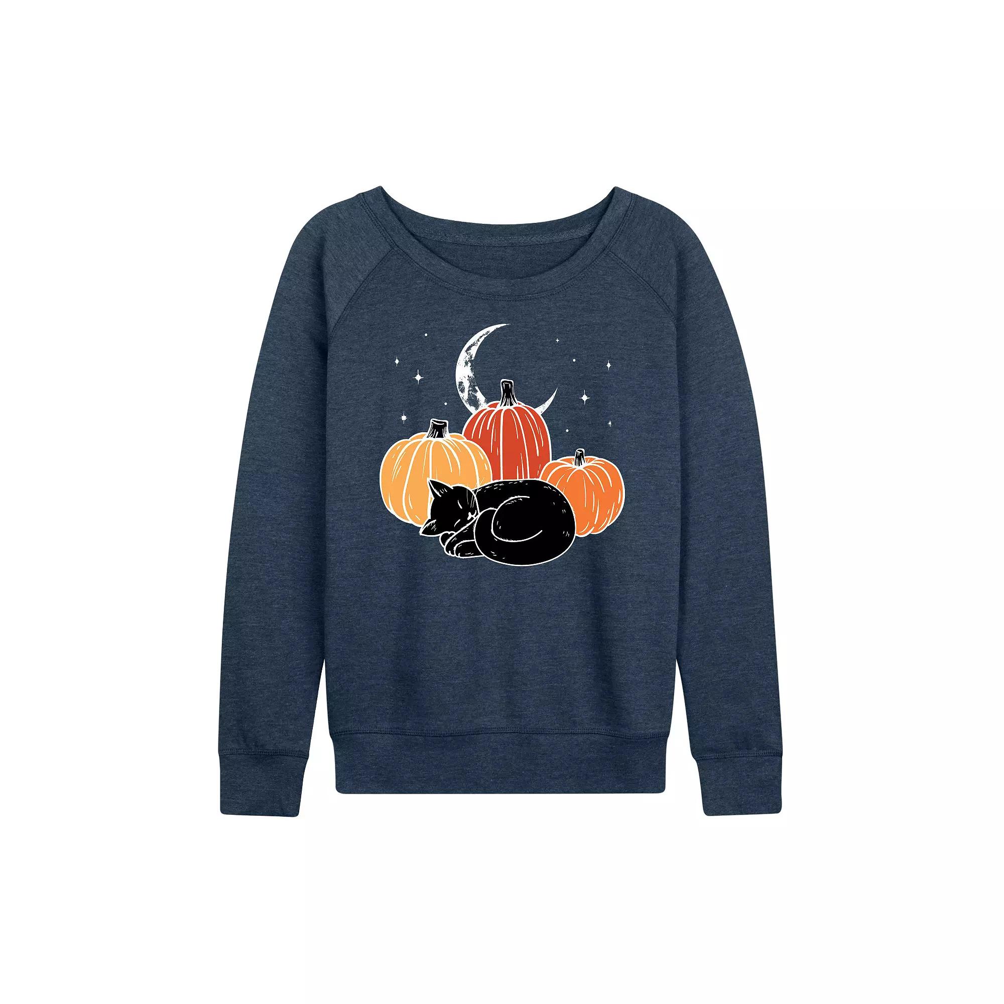 Women's Black Cat Pumpkin Nap French Terry Long Sleeve Tee,  Product Image