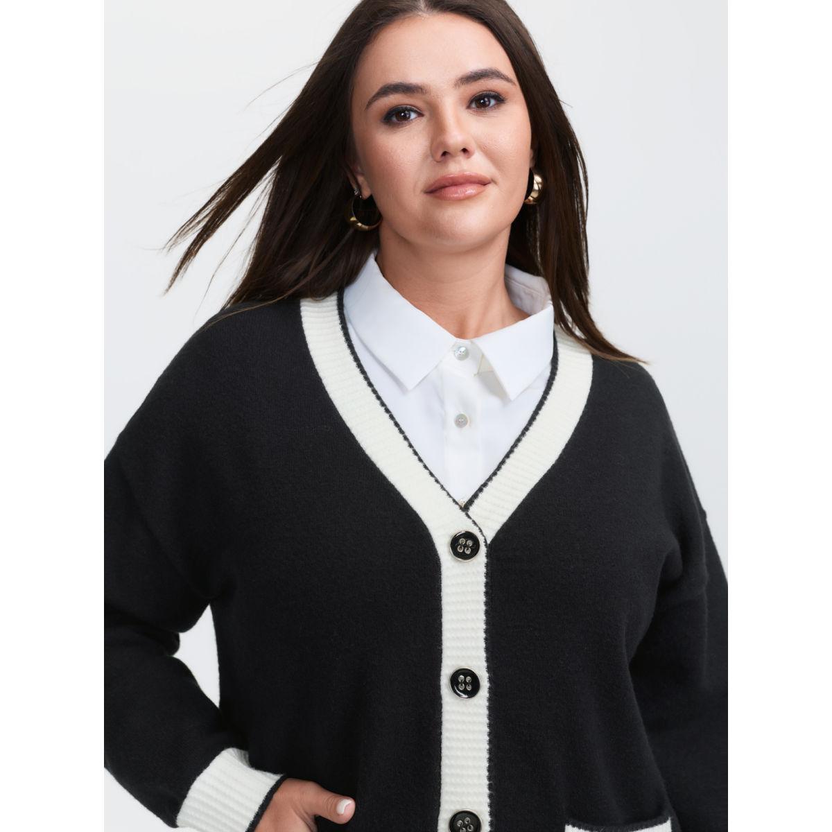 Plus Size Supersoft Contrast Trim Pocketed Cardigan Black Women Office Loose Long Sleeve Office Cardigans BloomChic 26/4X Product Image