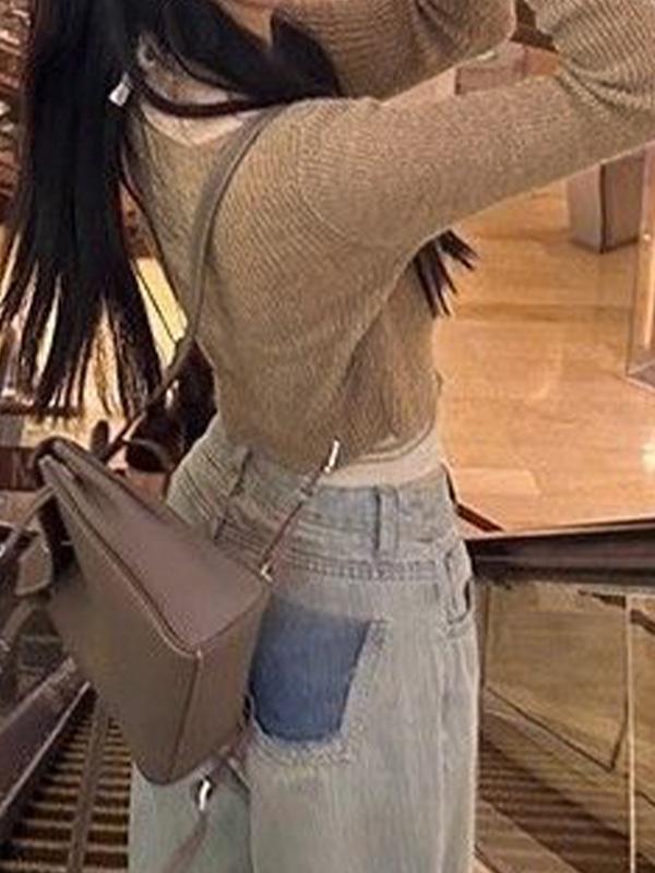 Contrast Color Halter Two Piece Long Sleeve Knit Product Image