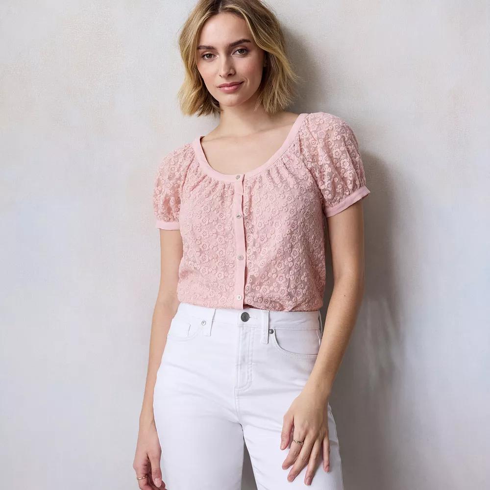 Women's LC Lauren Conrad Puff Sleeve Lace Blouse, Size: XXL, Pink Rhinestone Product Image