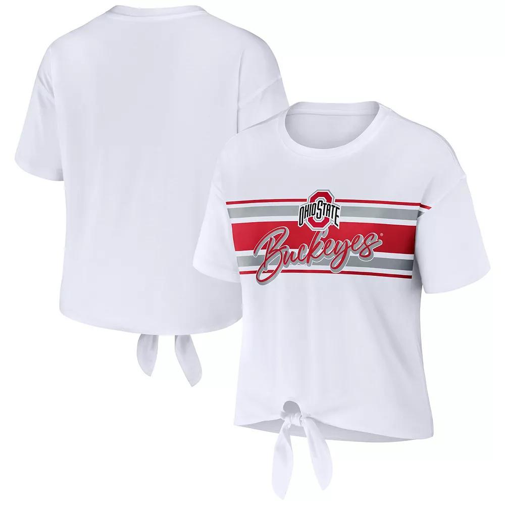 Women's WEAR by Erin Andrews White Ohio State Buckeyes Striped Front Knot Cropped T-Shirt,  Product Image