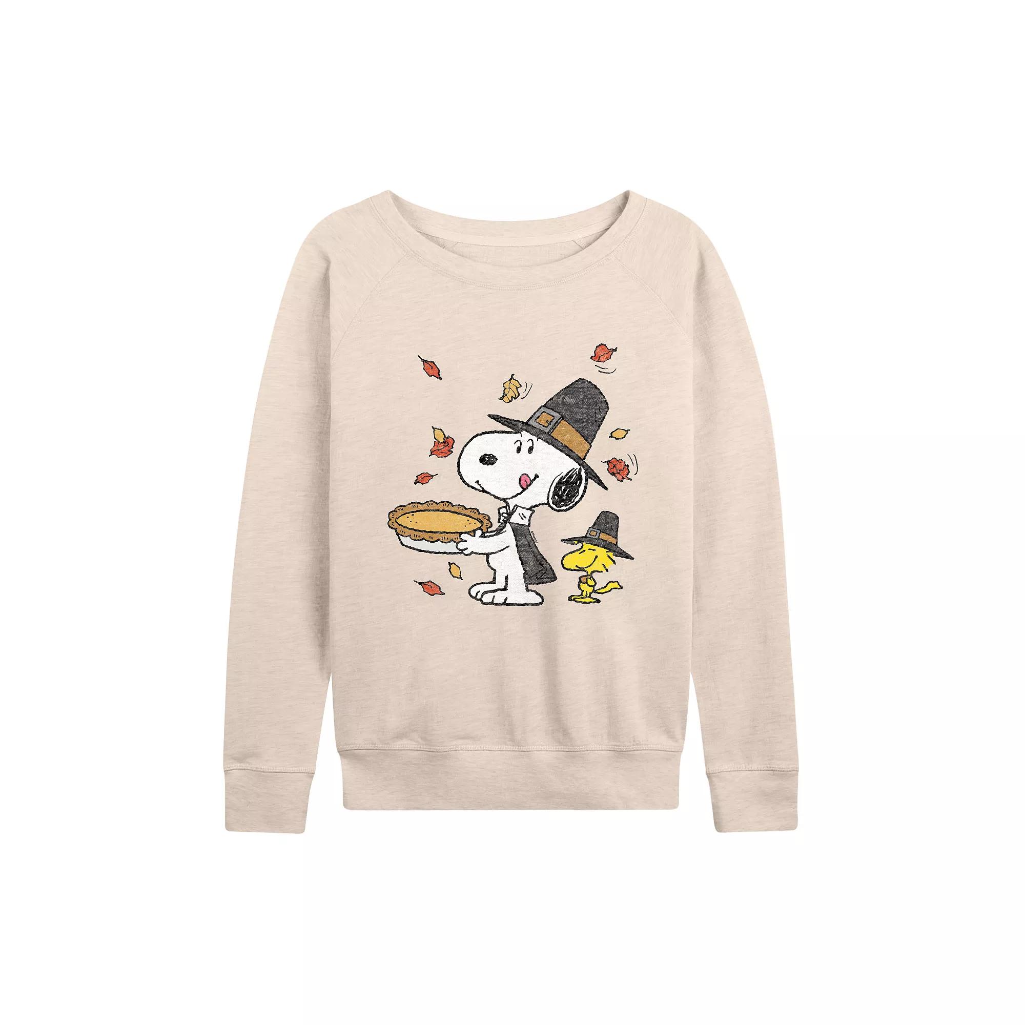 Plus Size Peanuts Snoopy & Woodstock Thanksgiving French Terry Long Sleeve Tee, Women's, Size: 1XL, Beige Product Image