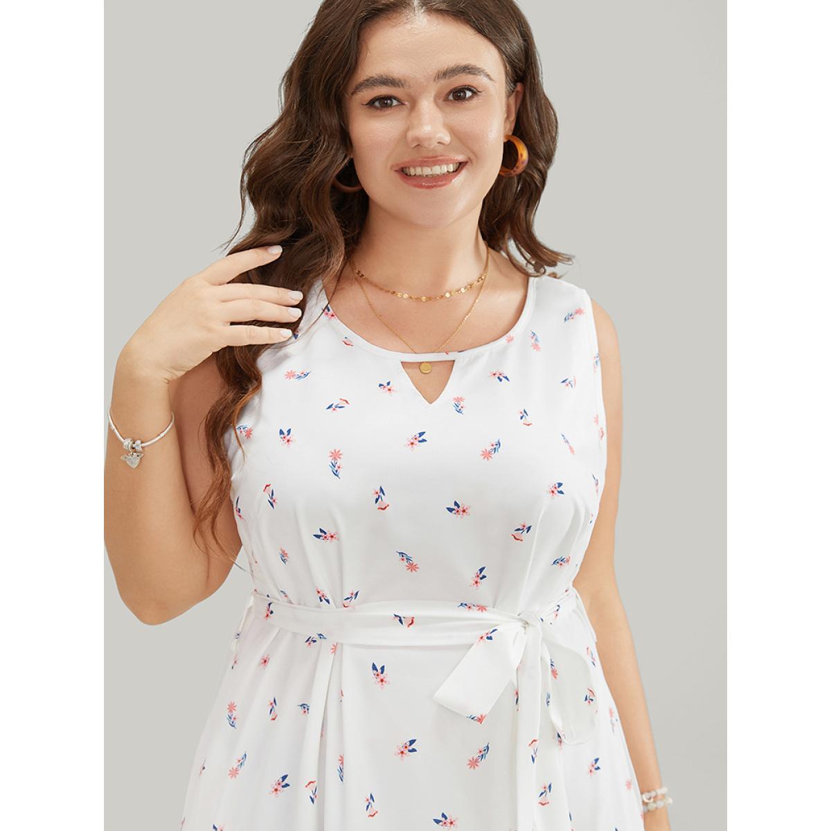 Plus Size Ditsy Floral Pocket Belted Keyhole Neck Flutter Tank Dress White Women Elegant Belted Keyhole Cut-Out Sleeveless Curvy Midi Dress BloomChic 28/5X Product Image