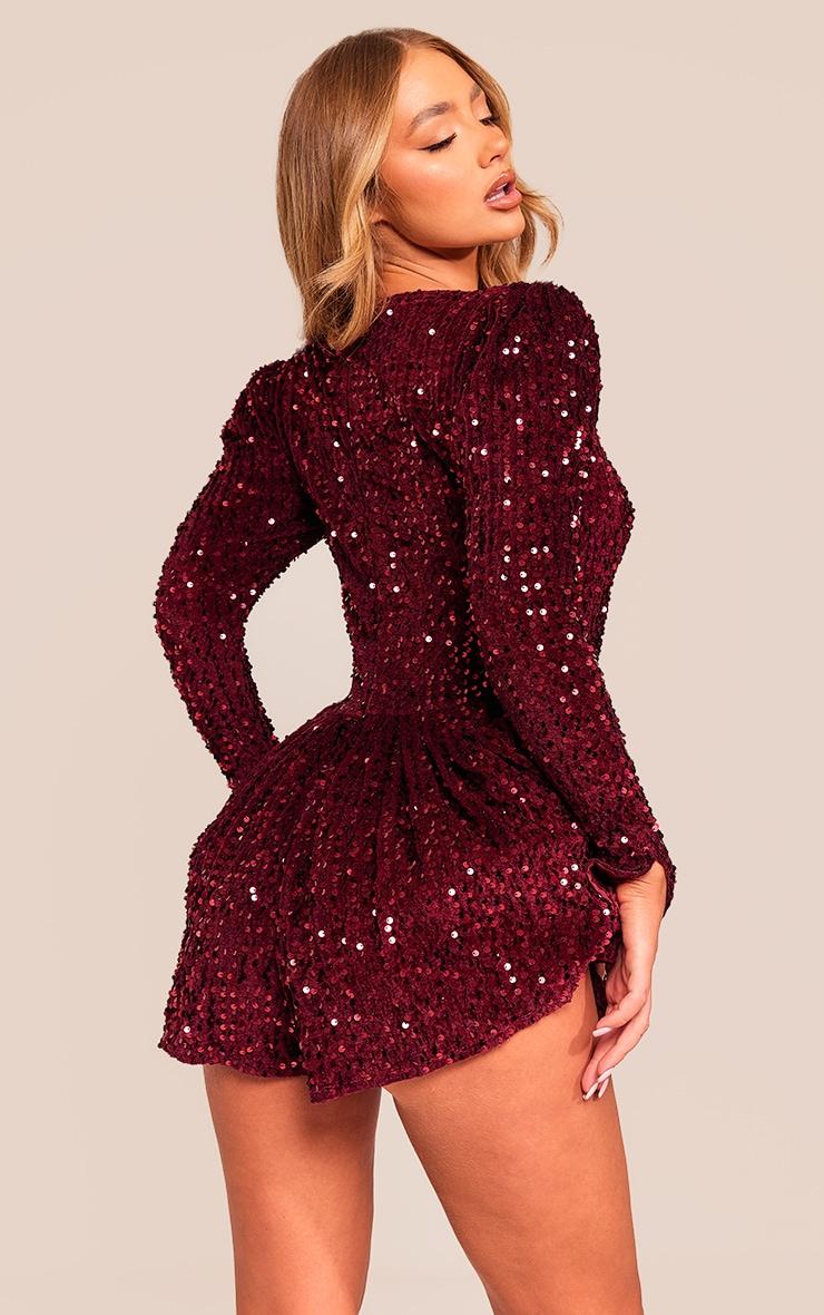Burgundy Sequin Cup Detail Long Sleeve Skater Romper Product Image