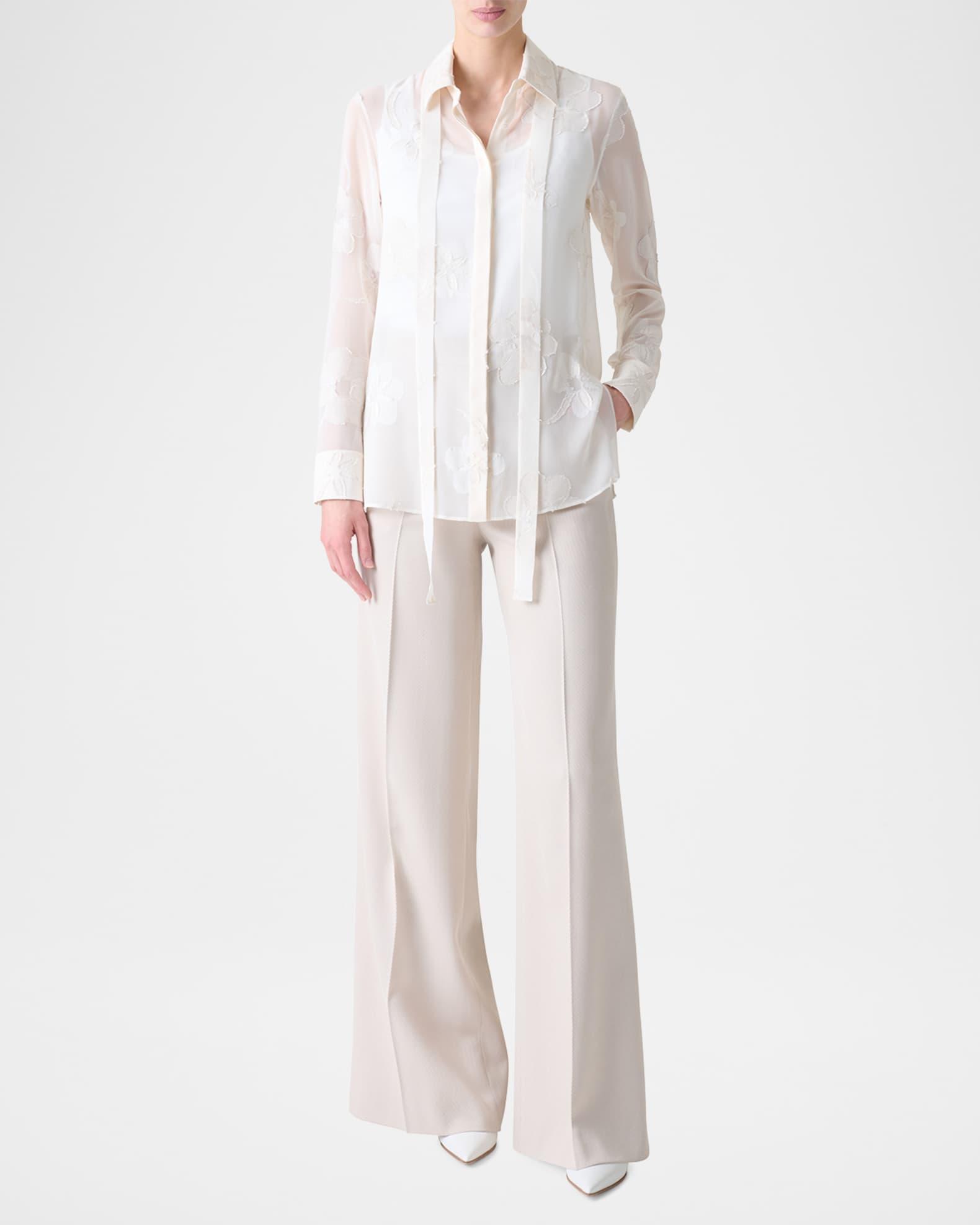 Floral Jacquard Neck-Tie Button-Down Blouse Product Image