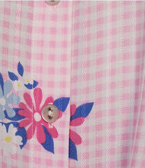 Allison Daley Petite Size Gingham Floral Print Short Sleeve Tie Front Button Blouse Product Image