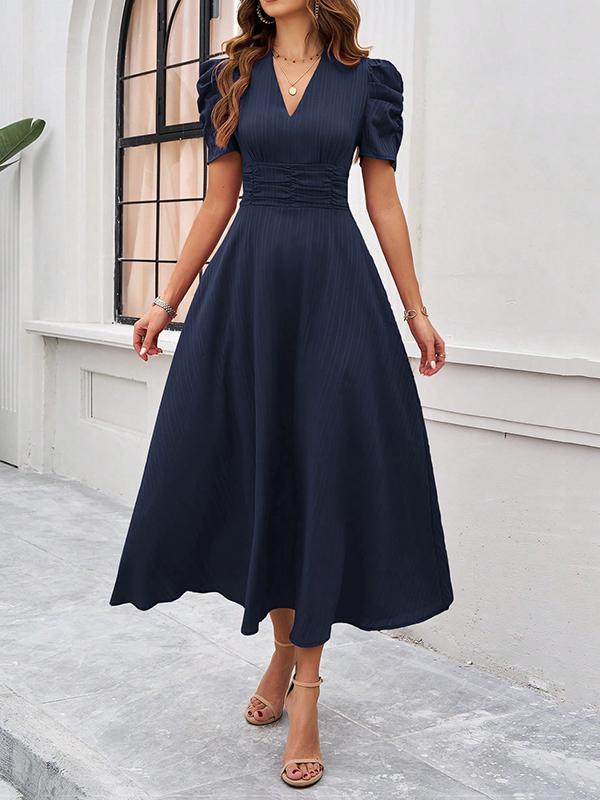 A-Line High Waisted Pleated Solid Color Zipper V-Neck Maxi Dresses Product Image
