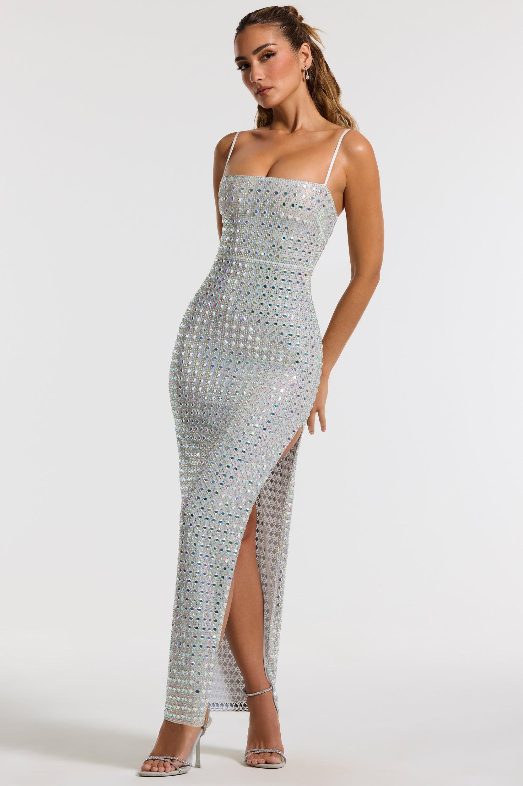 Embellished Square Neck Evening Gown in Silver Product Image