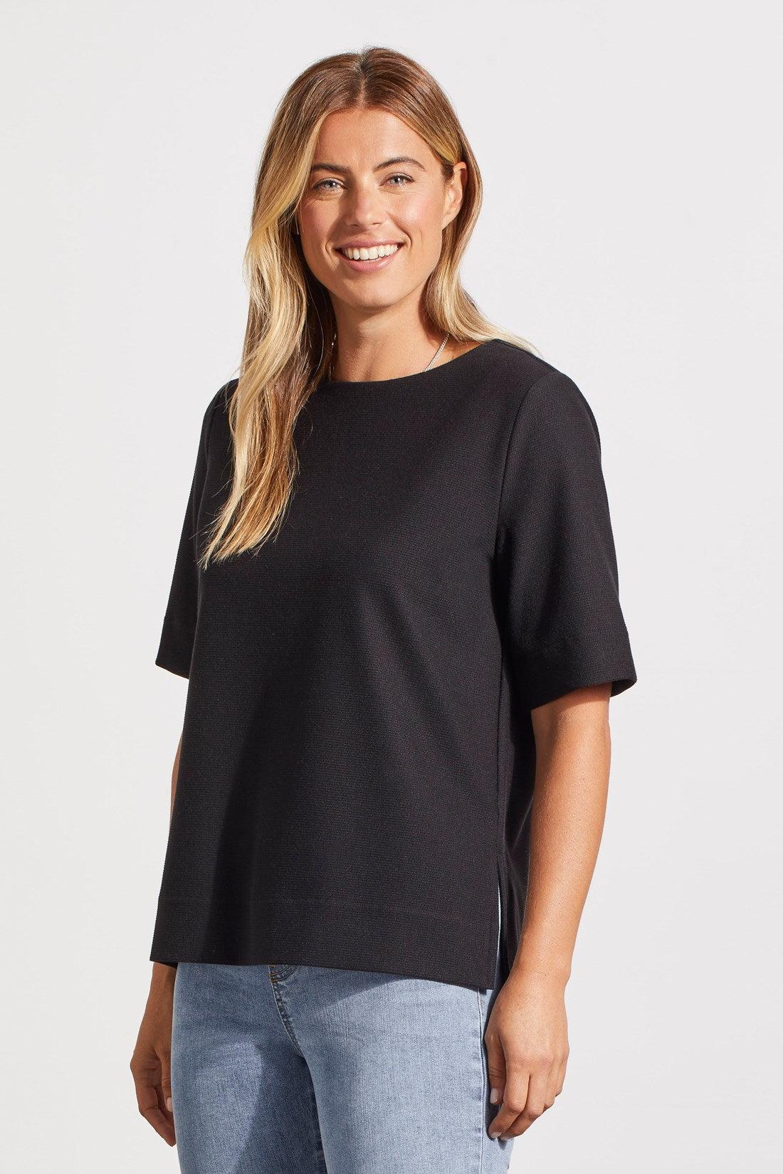 Boat Neck Top With Elbow Sleeve - Black Product Image
