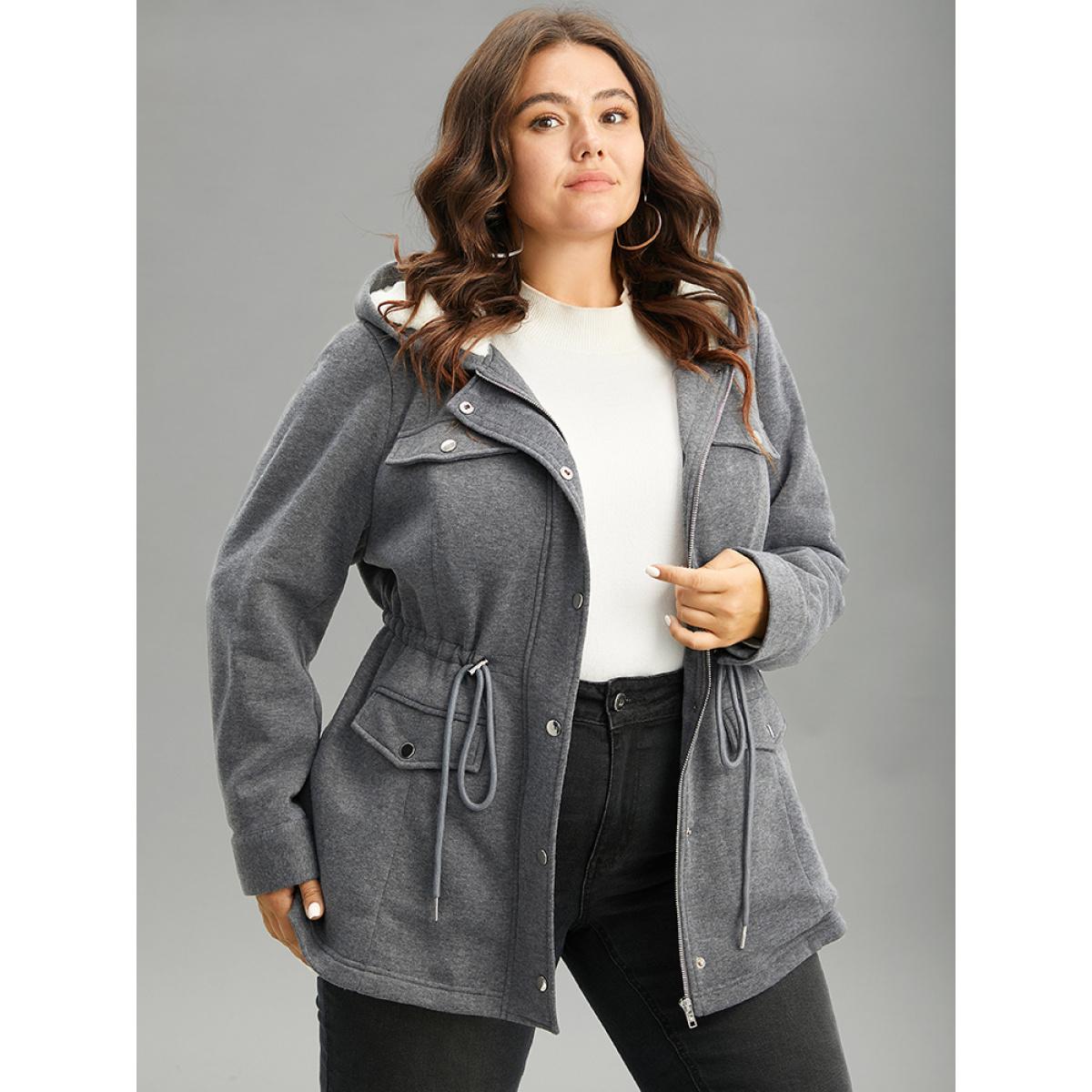 Plus Size Solid Zipper Button Through Hooded Fluffy Coat Women DimGray Casual Lined Ladies Dailywear Winter Coats BloomChic 18-20/2X Product Image